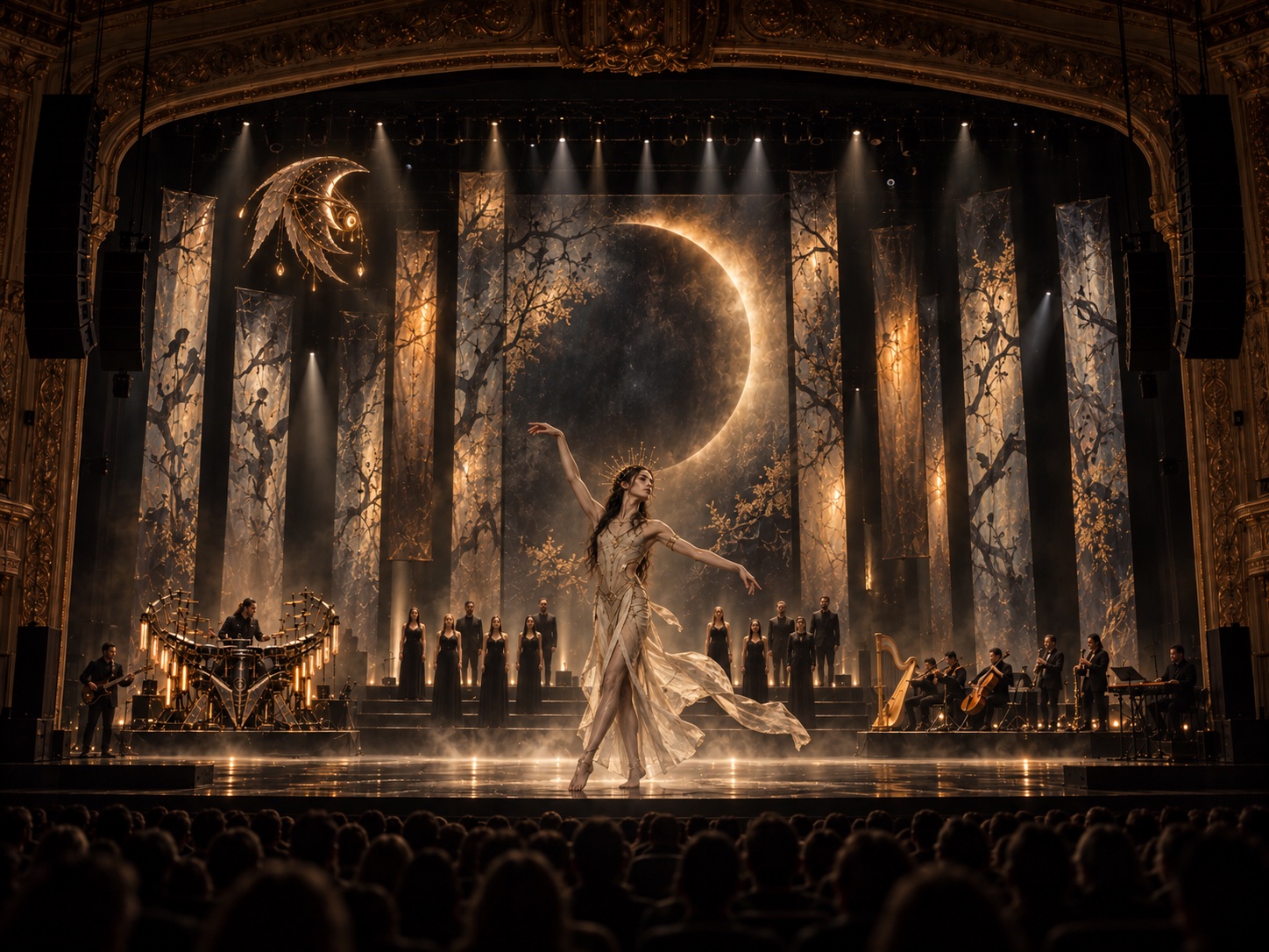 A dancer in a pale flowing costume framed by singers and golden eclipse projections