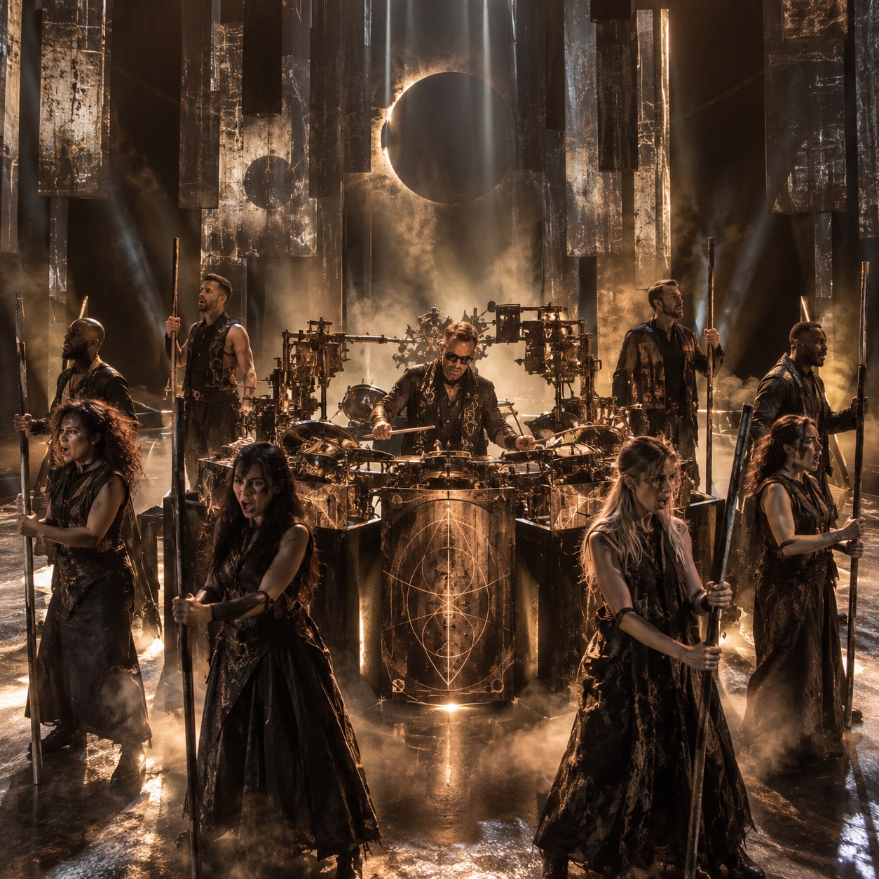 Performers hold long poles around a percussionist in a bronze and amber stage concept