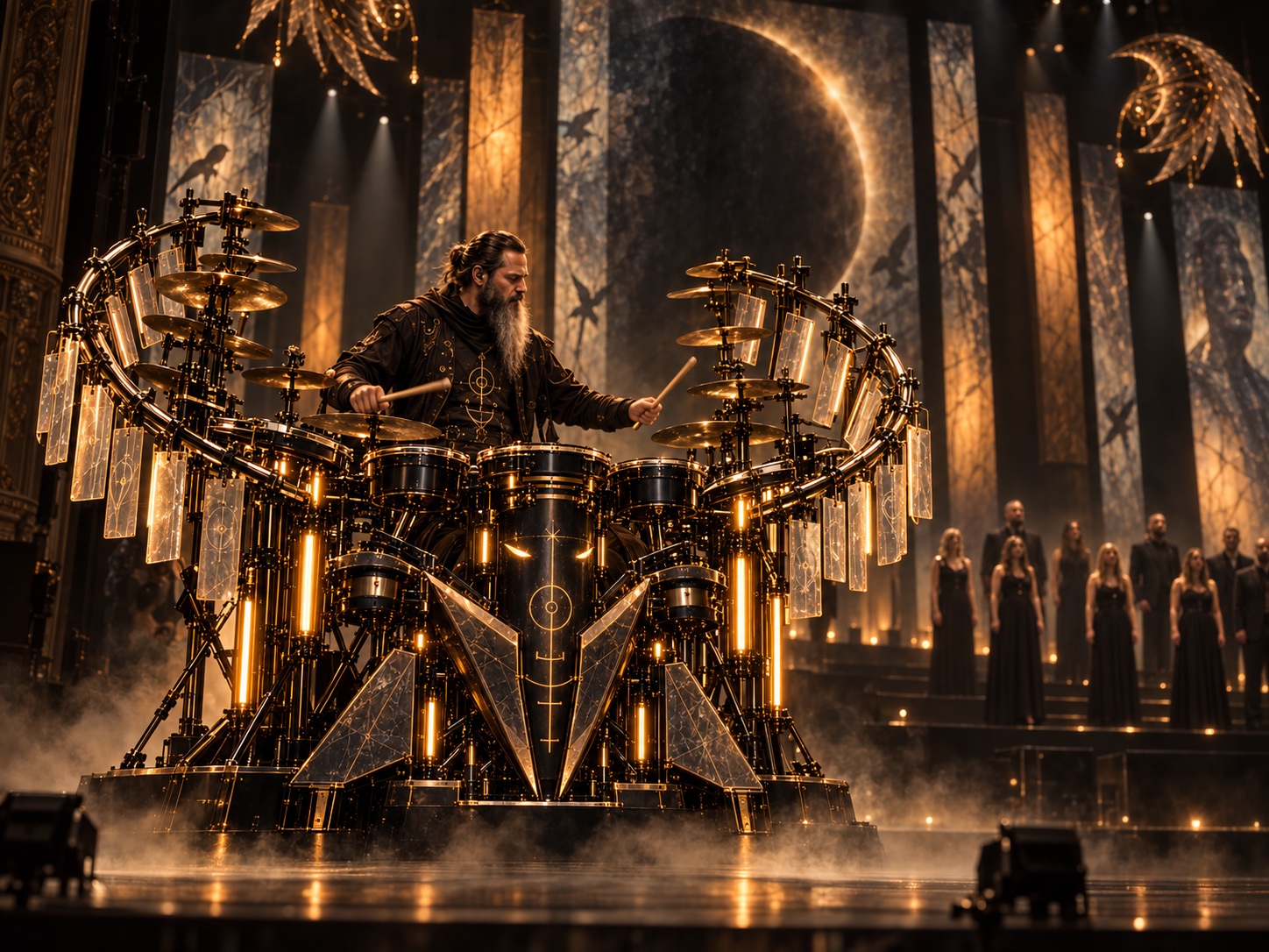 A percussionist at an illuminated semicircular drum installation