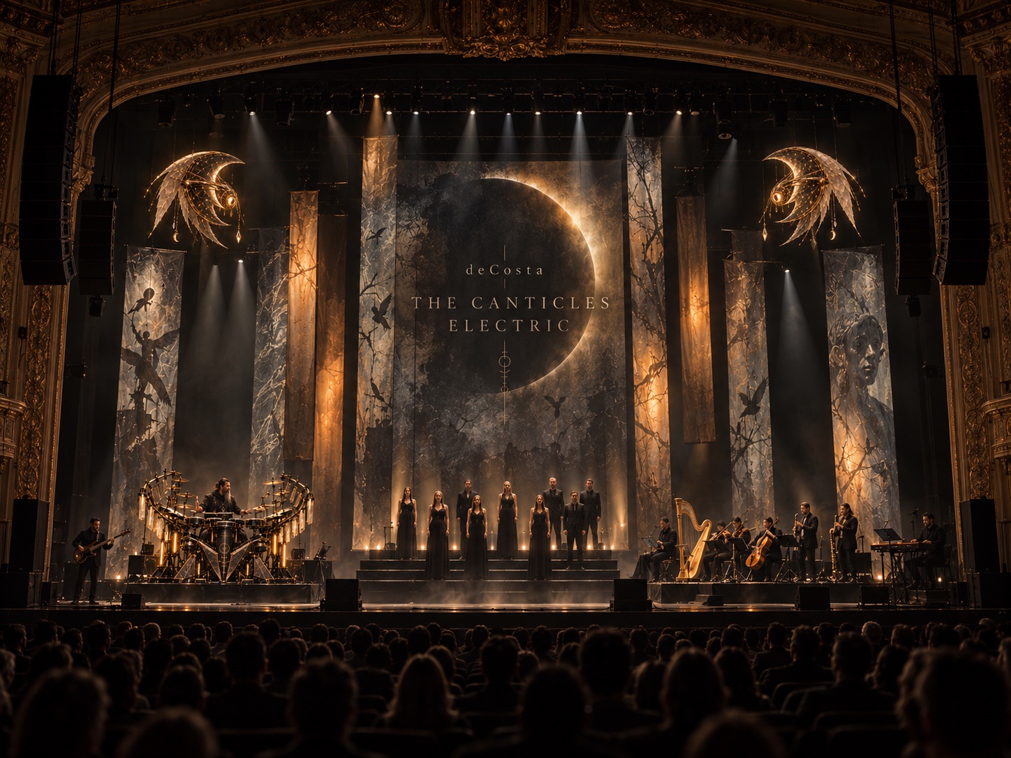 Concept visualization of The Canticles Electric stage, with eight singers, musicians and a luminous eclipse