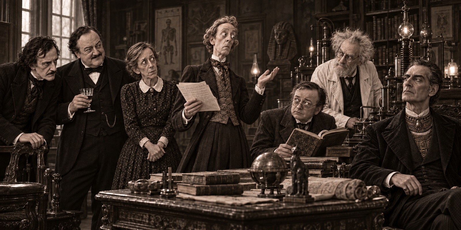 The seven characters of Some Words with a Mummy gathered in a gothic laboratory