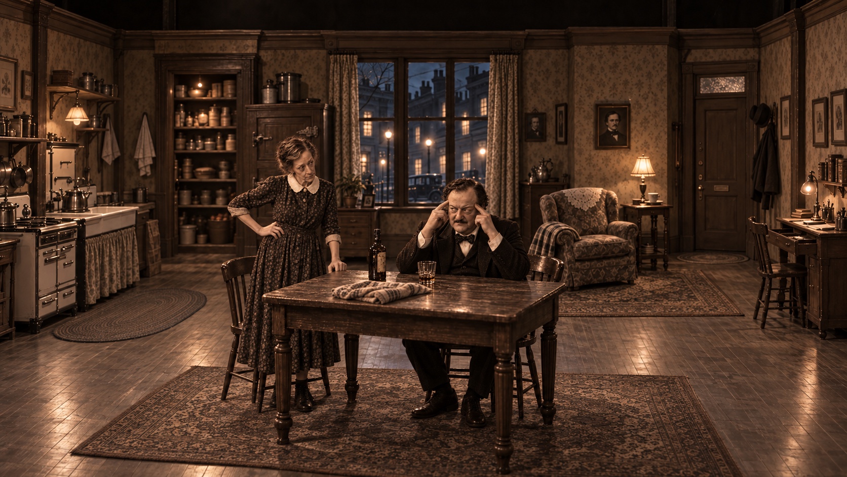 Fitz and Rosalita in the amber-lit kitchen and den